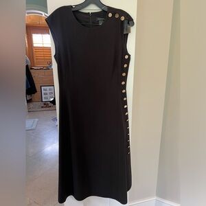 Club Monaco black midi length dress with gold accent buttons